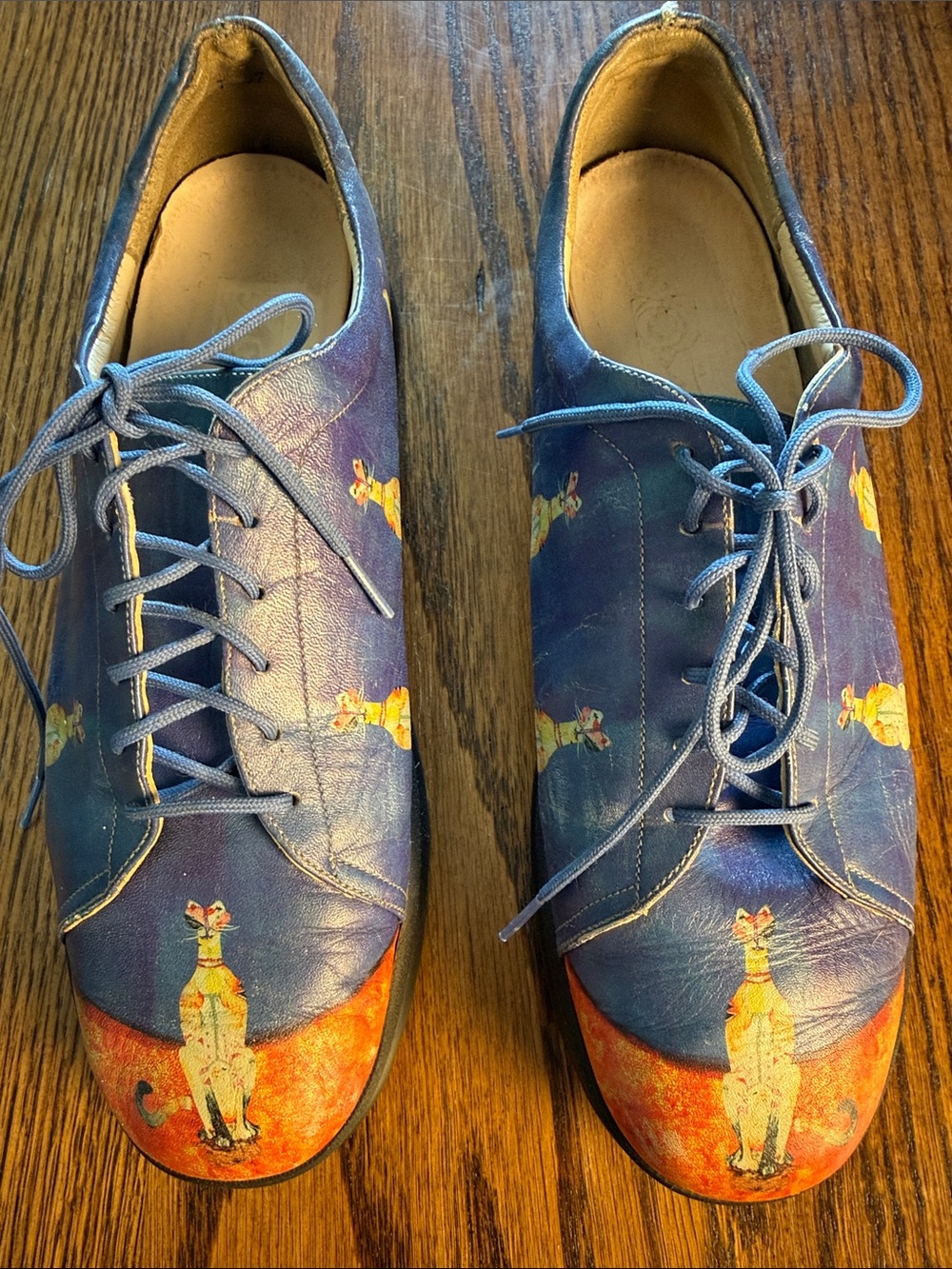 Cat Print Leather Oxfords ICON Wearable Art Blue Orange Lace Up Est 8–8.5